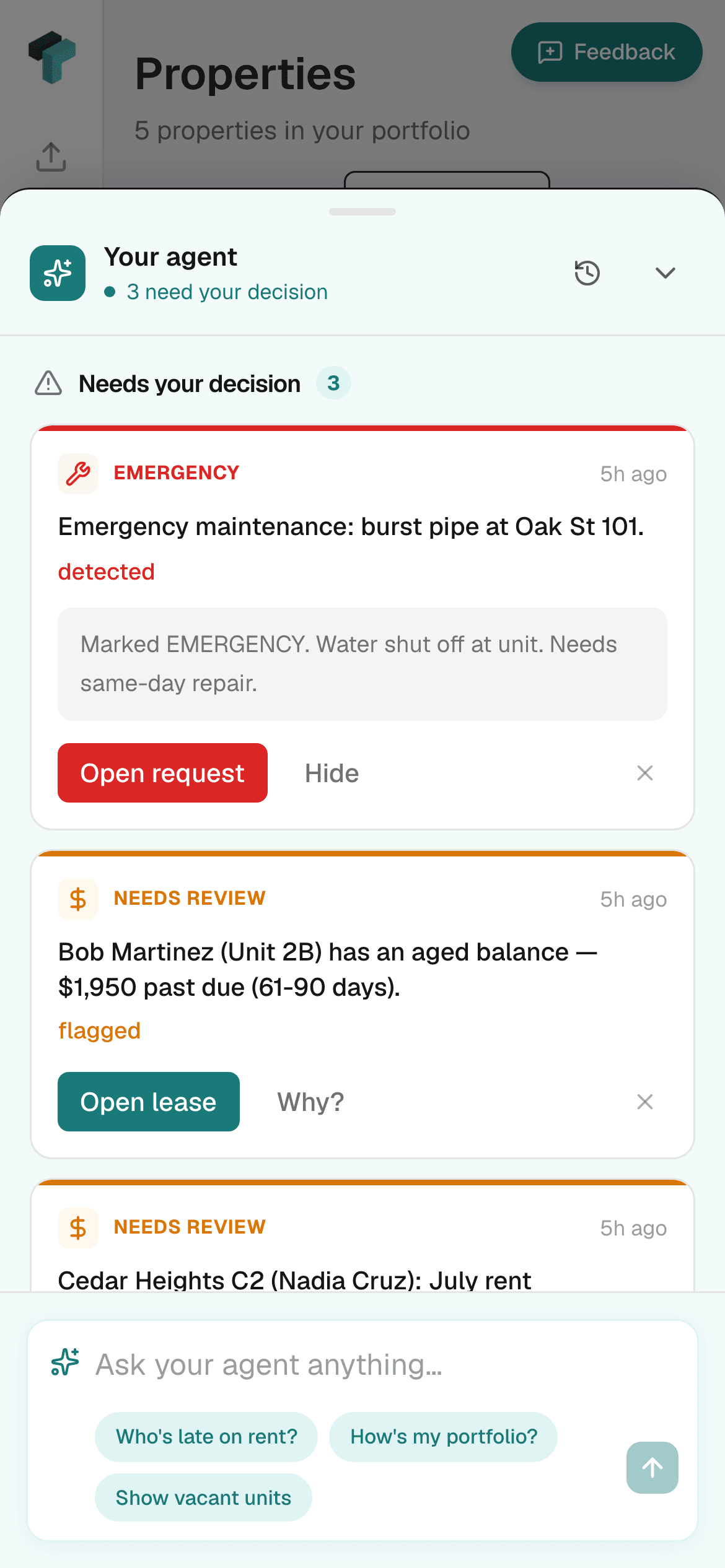 The agent's 'Needs your decision' queue on a phone — an emergency burst-pipe repair flagged in red with a one-tap Open request, above an aged-balance review.