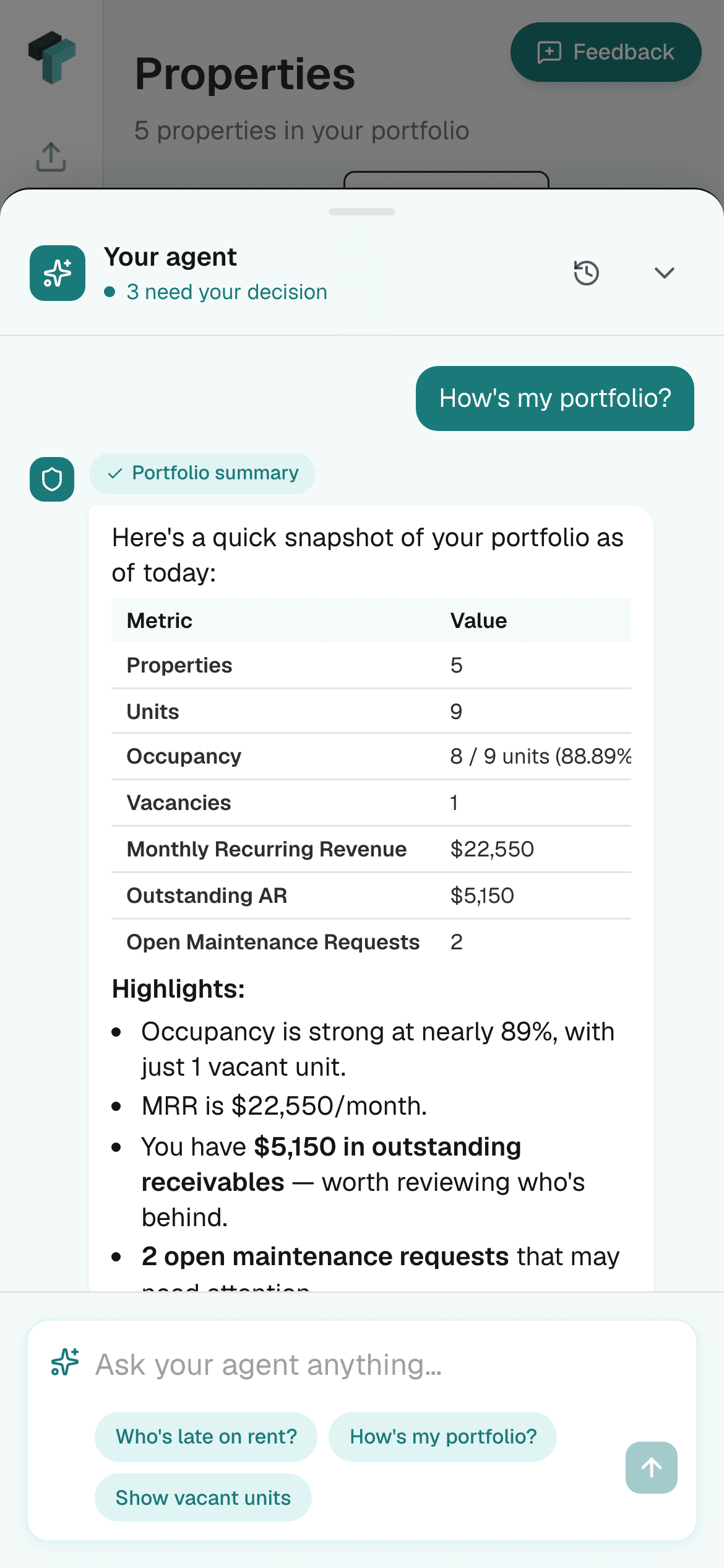 The TeckOS agent on a phone answering 'How's my portfolio?' with a metrics table — properties, units, occupancy, MRR, outstanding AR — and plain-language highlights.