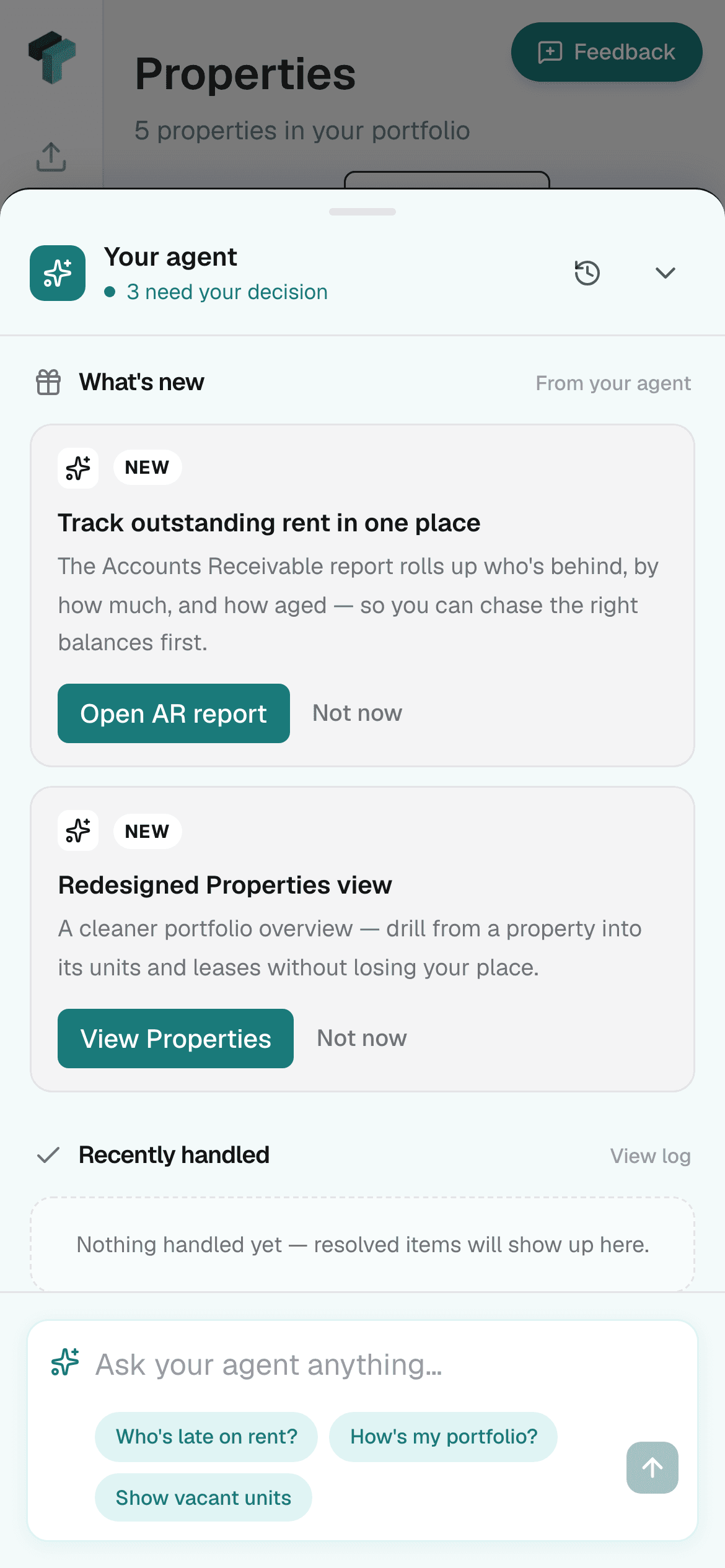 The agent's 'What's new' lane on a phone — a card explaining the new Accounts Receivable report, with an Open AR report action.