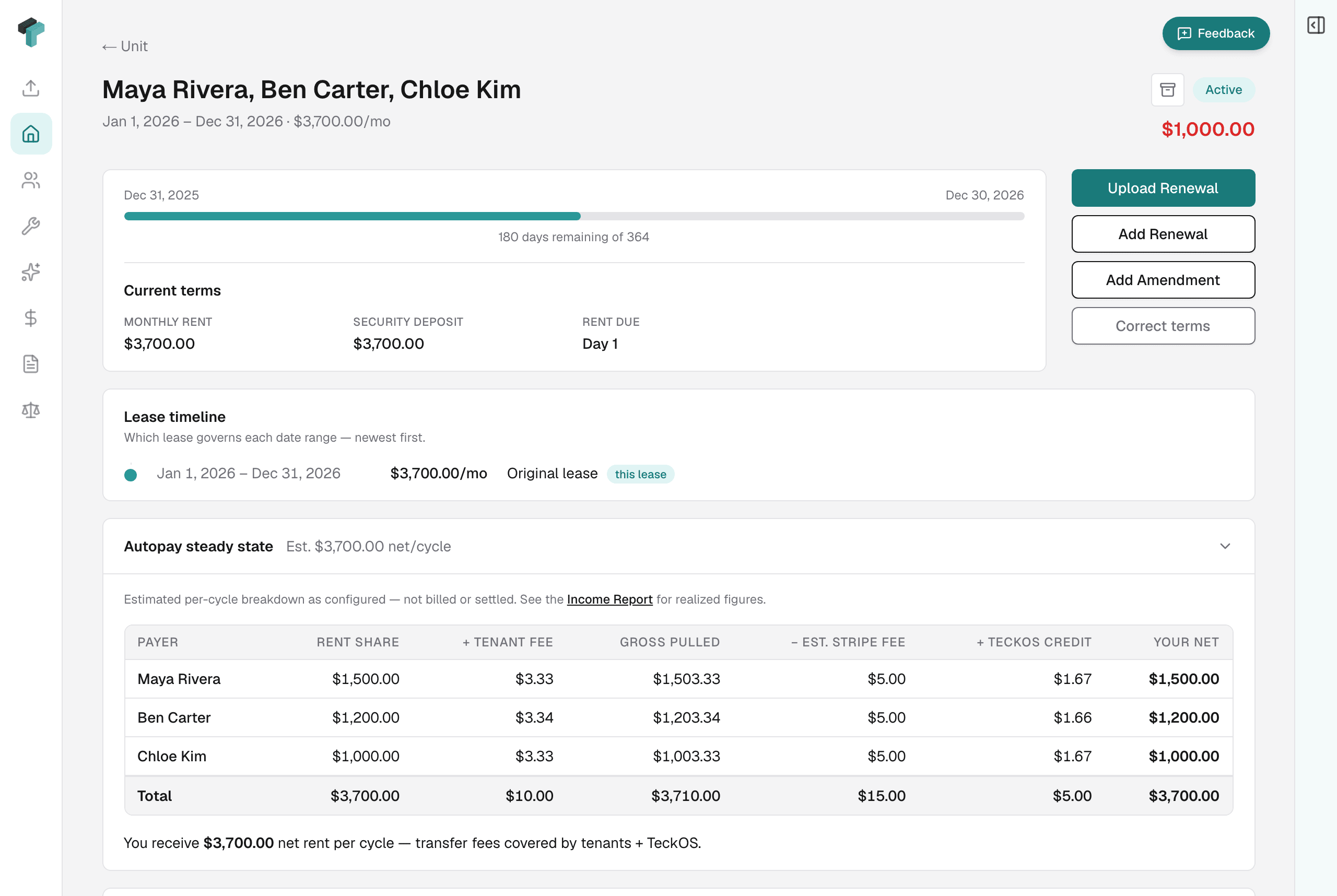 The operator view of a multi-payer lease: each payer's autopay share broken out and netting to the exact monthly rent.