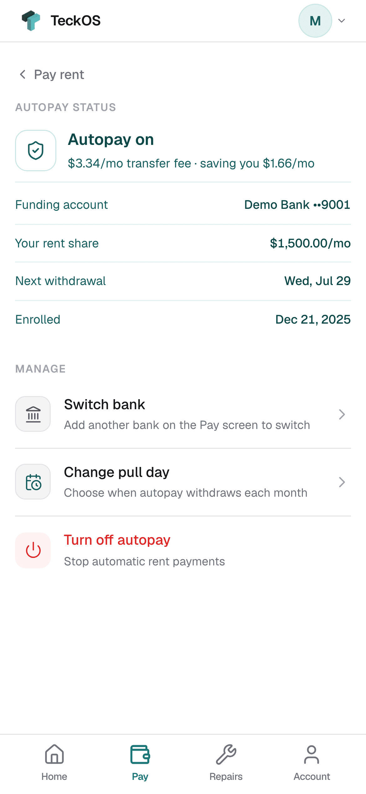 Tenant portal manage-autopay screen with bank and pull day.
