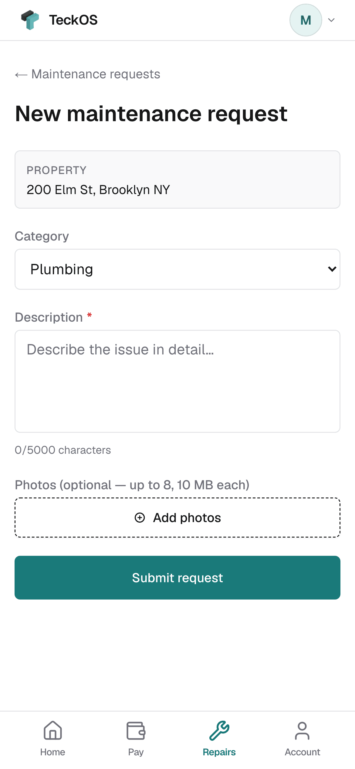 Tenant portal maintenance request screen on a phone.
