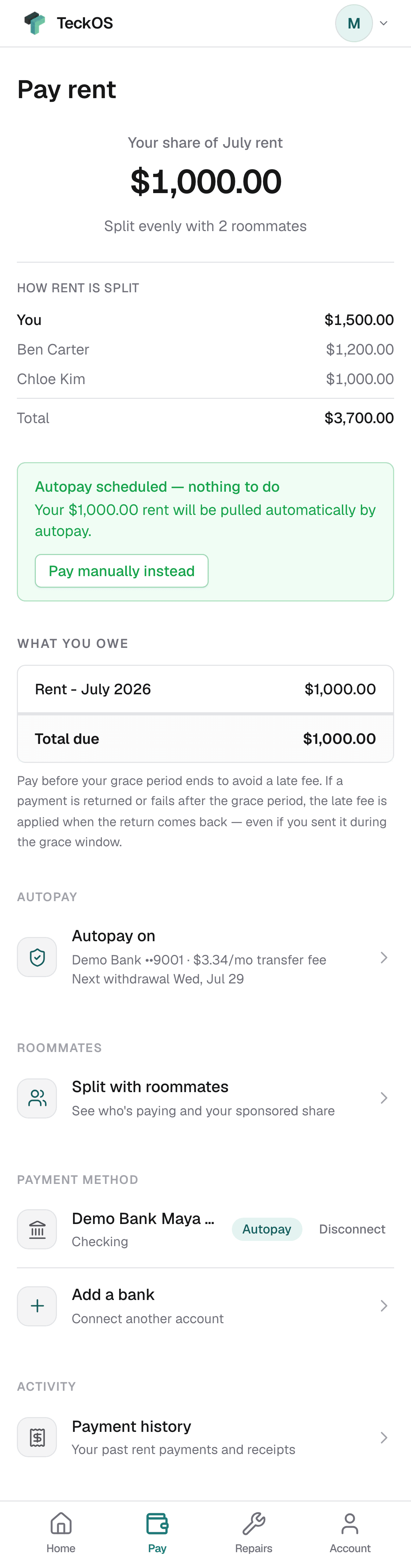 Tenant portal pay-rent overview on a phone.