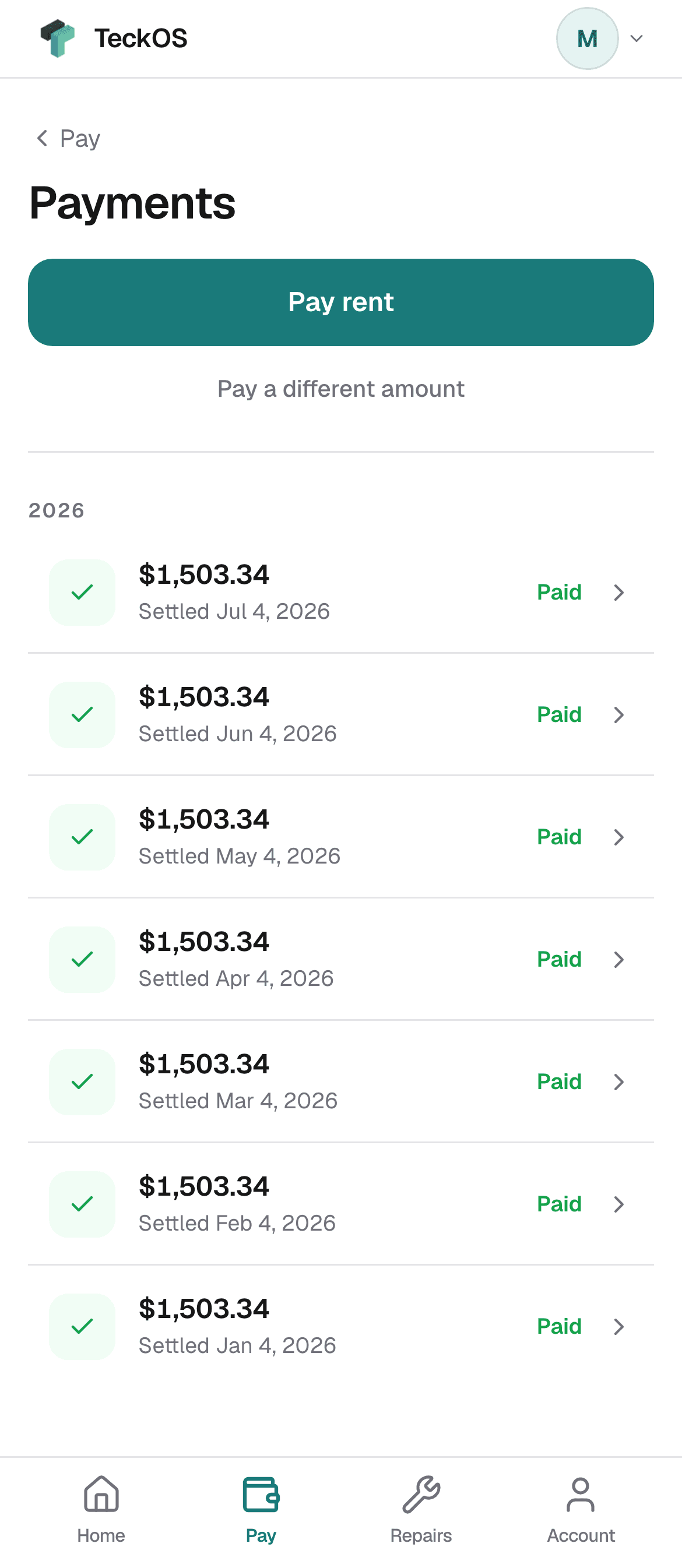 Tenant portal payment history on a phone.