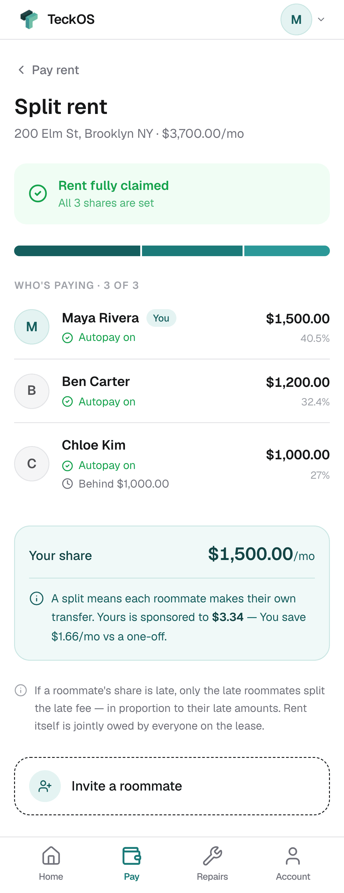 The tenant portal split-rent screen on a phone: three roommates each with their own share and autopay status, one roommate marked behind, and the sponsorship note.