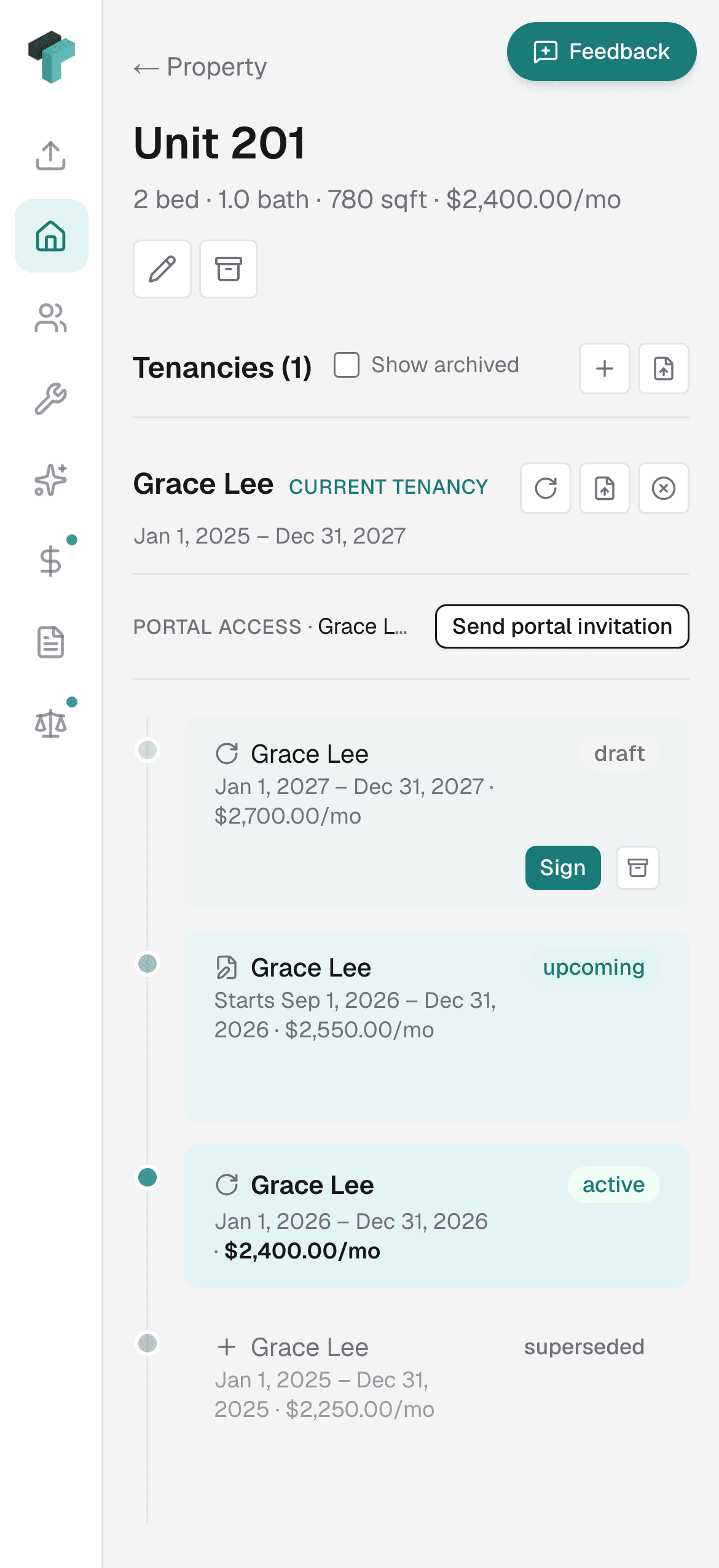 The same tenancy chain on a phone — the Unit 201 header above the four lease-state rows (upcoming, draft, active, superseded), each with its dates and monthly rent.