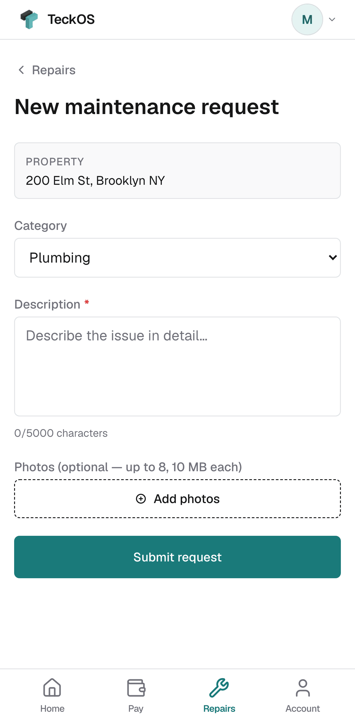 The tenant portal's new maintenance request form on a phone.