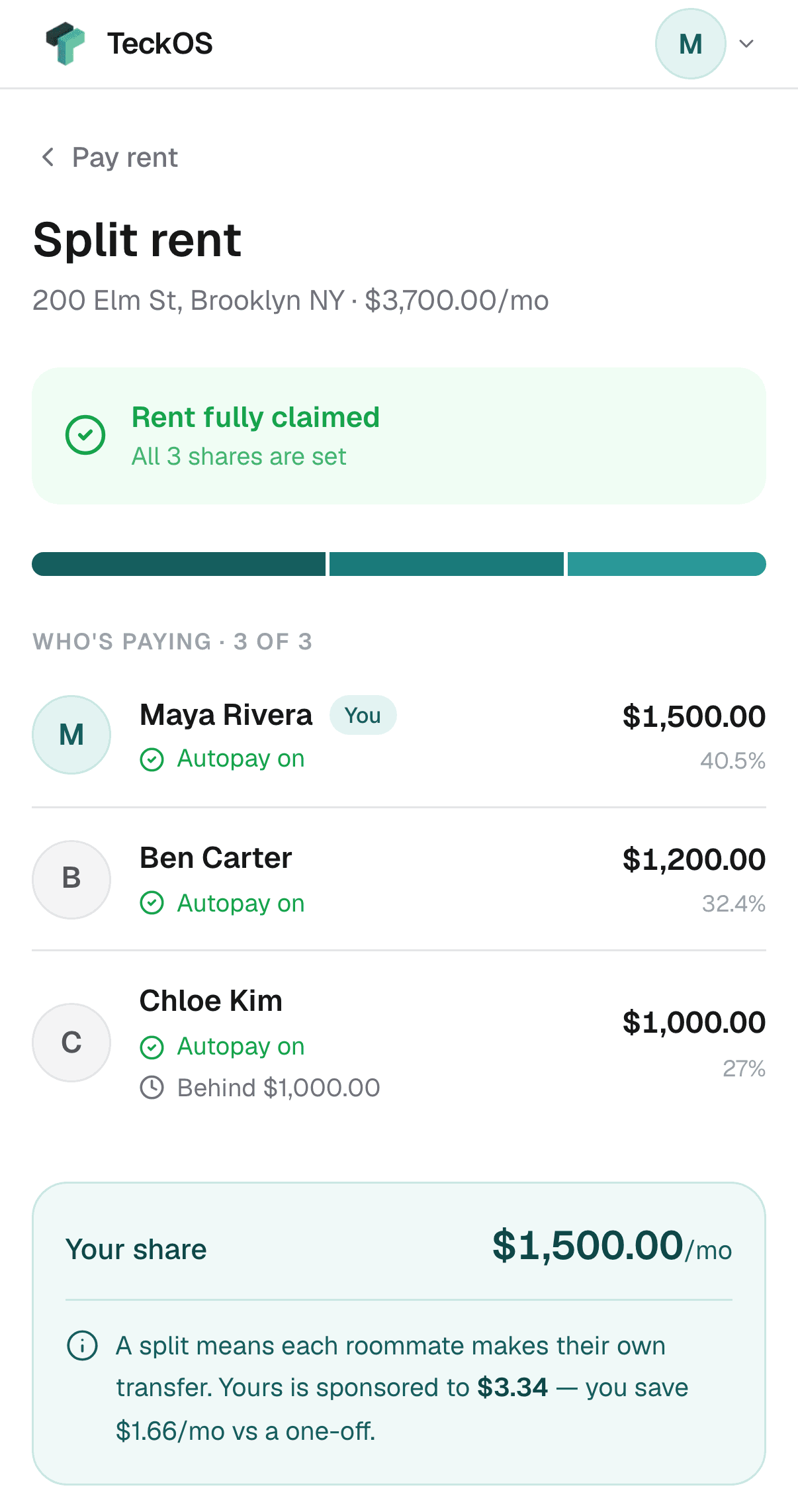 The tenant portal's Split rent screen: three roommates' shares of $3,700 rent, each on autopay.
