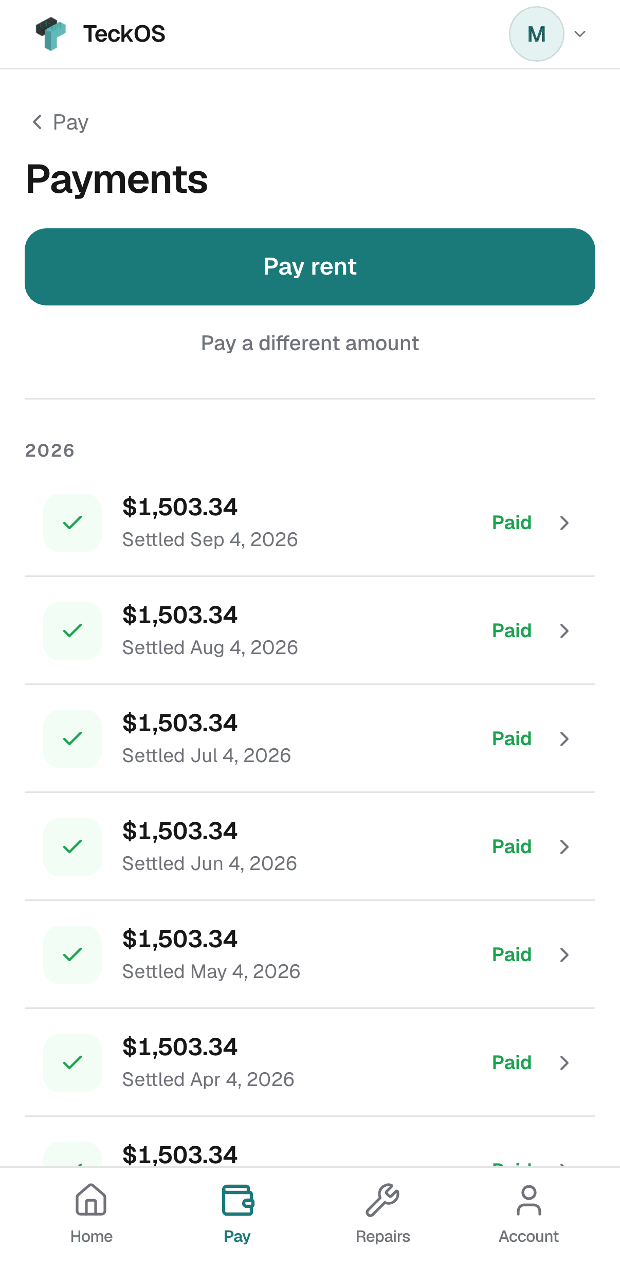 The tenant's payment history on a phone.