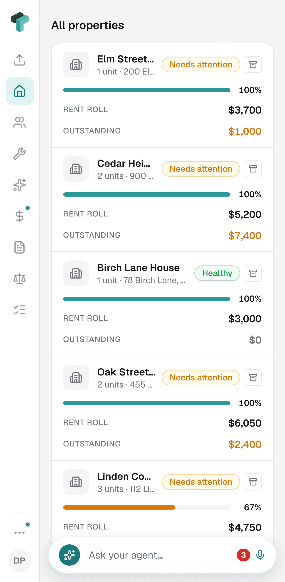 The operator's All properties list on a phone: every building in the portfolio, one scroll down.